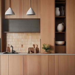 A cozy kitchen scene featuring soft tiled splash back balancing against rich timber cabinetry, and a small, delicate vase elegantly positioned. Capture the essence of architectural photography.