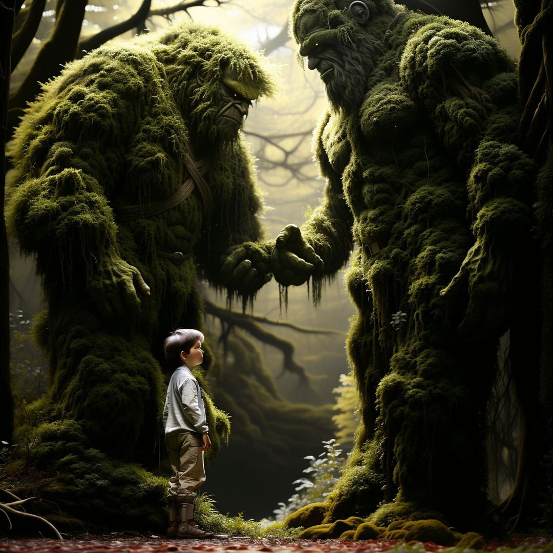 A heartwarming scene of a colossal humanoid moss giant forming a friendly bond with a small boy, illustrating their size difference and connection.