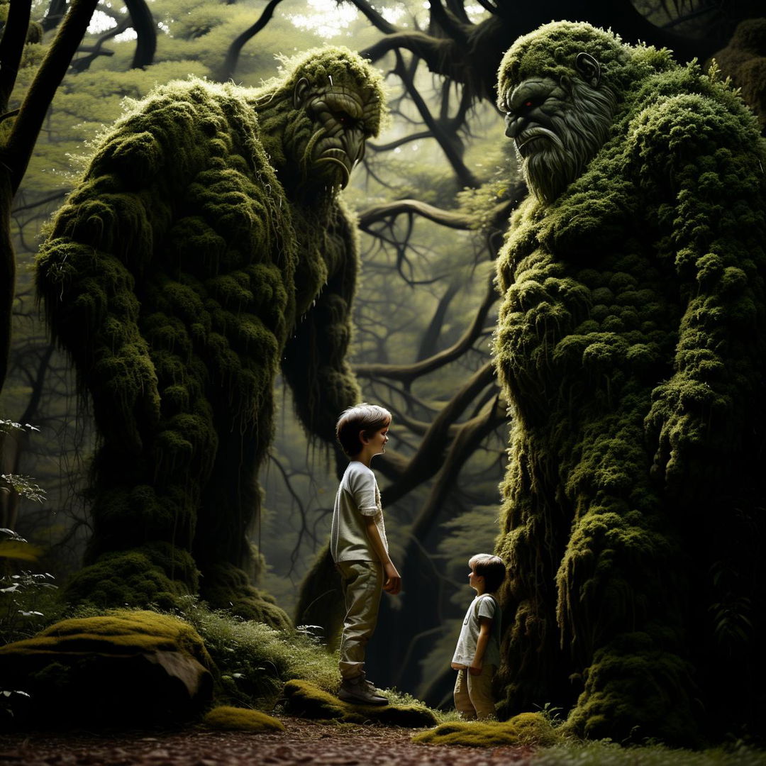 A heartwarming scene of a colossal humanoid moss giant forming a friendly bond with a small boy, illustrating their size difference and connection.