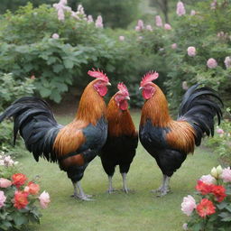 Two roosters facing each other surrounded by a verdant, blossoming garden