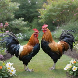 Two roosters facing each other surrounded by a verdant, blossoming garden