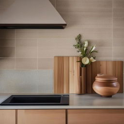 A cozy kitchen scene featuring soft tiled splash back balancing against rich timber cabinetry, and a small, delicate vase elegantly positioned. Capture the essence of architectural photography.