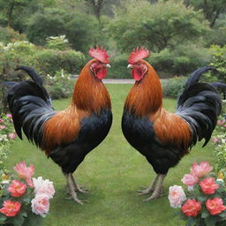 Two roosters facing each other surrounded by a verdant, blossoming garden