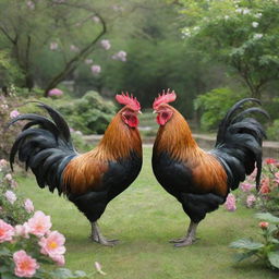 Two roosters facing each other surrounded by a verdant, blossoming garden