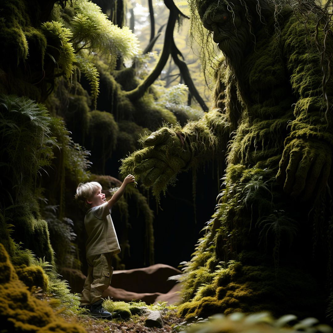 A touching image of a colossal humanoid moss giant with a gentle demeanor, greeting a happy, 4-year-old boy with a friendly gesture.