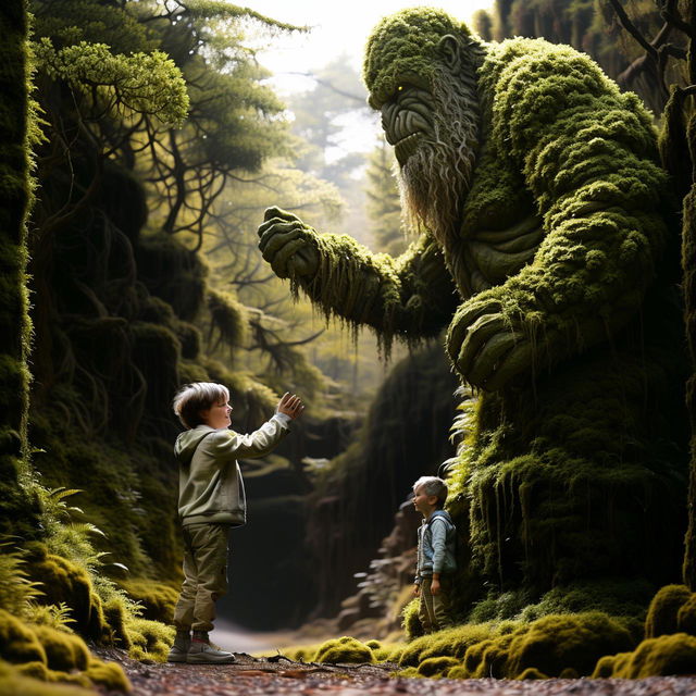 A touching image of a colossal humanoid moss giant with a gentle demeanor, greeting a happy, 4-year-old boy with a friendly gesture.