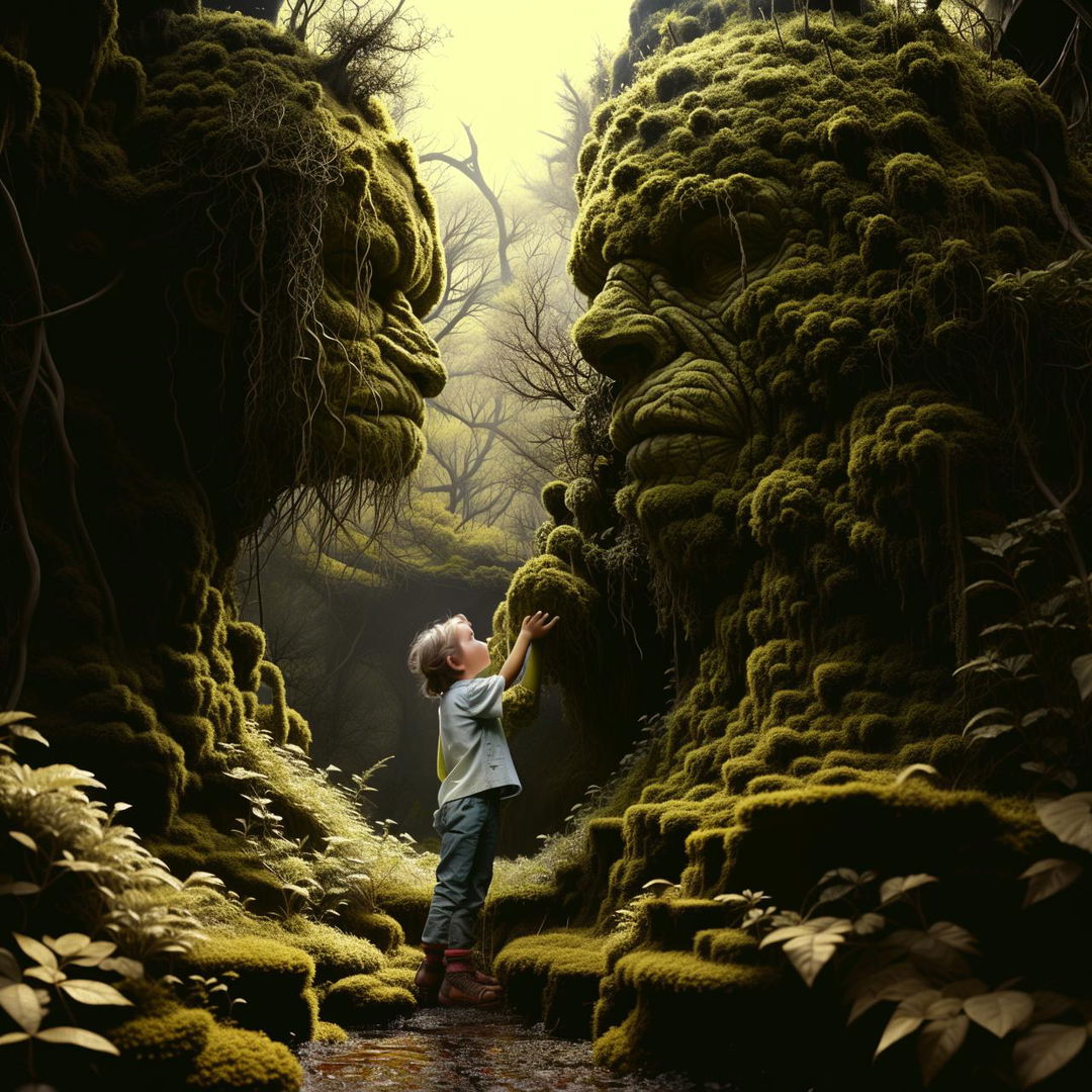 An eye-catching scene capturing a massive humanoid moss giant welcoming a curious 4-year-old child, showcasing the exploration and innocence of youth.