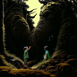 An eye-catching scene capturing a massive humanoid moss giant welcoming a curious 4-year-old child, showcasing the exploration and innocence of youth.