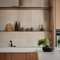 A cozy kitchen scene featuring soft tiled splash back balancing against rich timber cabinetry, and a small, delicate vase elegantly positioned. Capture the essence of architectural photography.