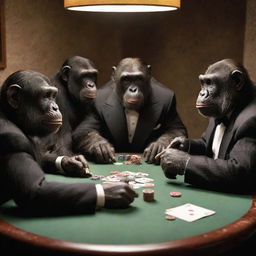 A group of intelligent apes sitting around a poker table, decked out in 1950s style suits, subtly puffing on classy cigars, engrossed in a game of poker.