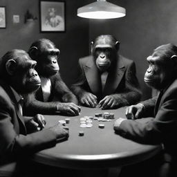 A group of intelligent apes sitting around a poker table, decked out in 1950s style suits, subtly puffing on classy cigars, engrossed in a game of poker.