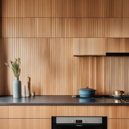 A cozy kitchen scene featuring soft tiled splash back balancing against rich timber cabinetry, and a small, delicate vase elegantly positioned. Capture the essence of architectural photography.