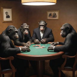 A group of intelligent apes sitting around a poker table, decked out in 1950s style suits, subtly puffing on classy cigars, engrossed in a game of poker.