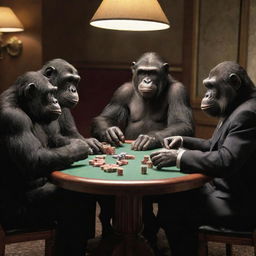 A group of intelligent apes sitting around a poker table, decked out in 1950s style suits, subtly puffing on classy cigars, engrossed in a game of poker.