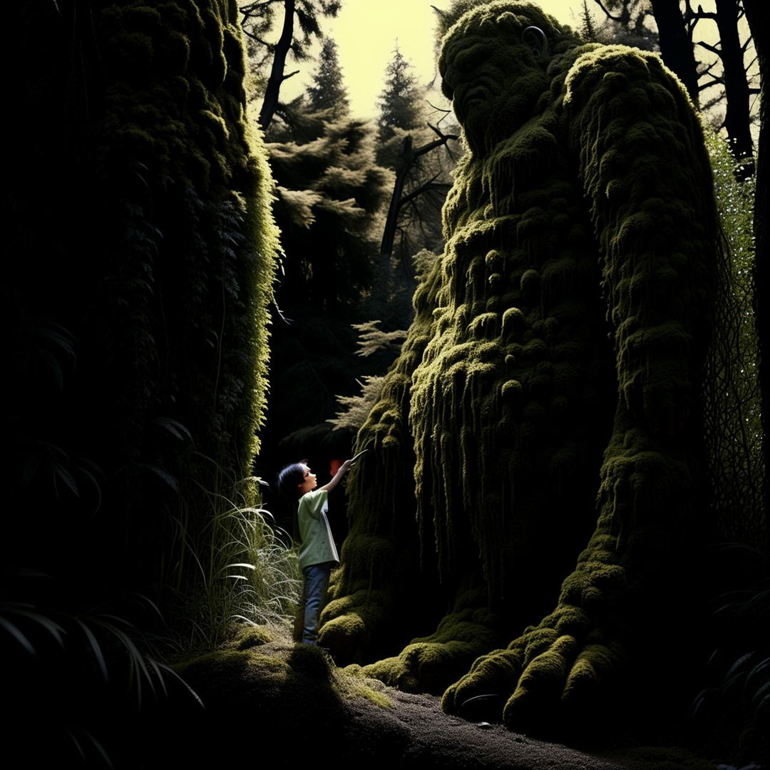 A striking image showcasing a unique interaction between a colossal humanoid moss giant and a curious child engrossed in their unlikely friendship.