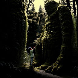 A striking image showcasing a unique interaction between a colossal humanoid moss giant and a curious child engrossed in their unlikely friendship.