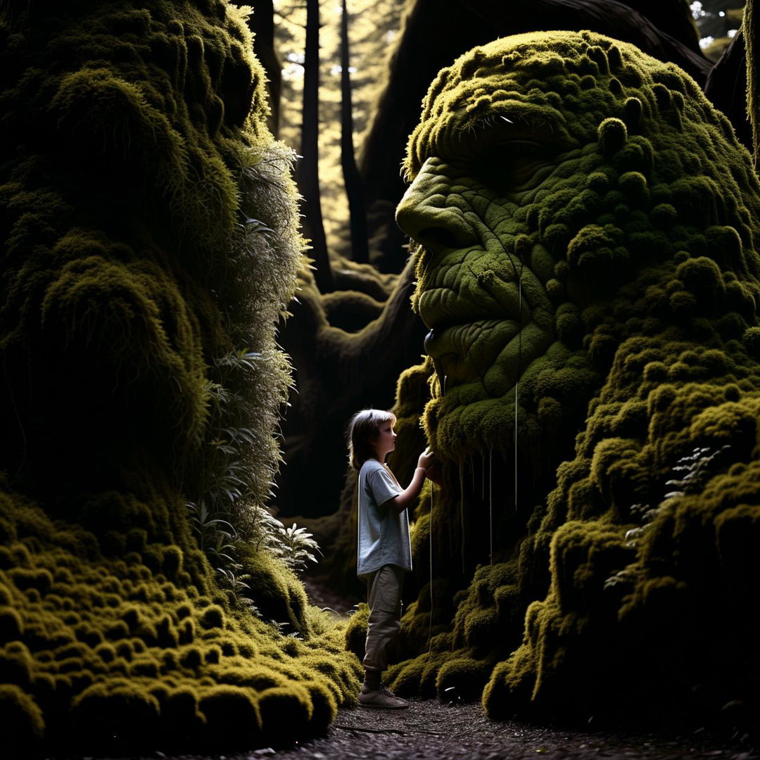 A striking image showcasing a unique interaction between a colossal humanoid moss giant and a curious child engrossed in their unlikely friendship.