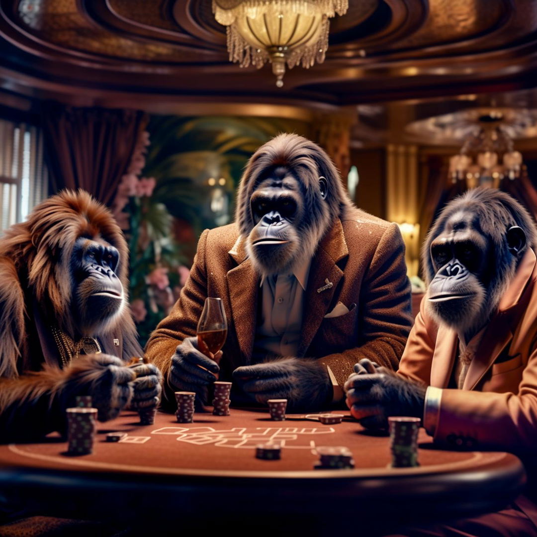 An orangutan, chimp, bonobo and gorilla, sharply dressed in stylish suits, engaging in a lively poker game, sipping on fine whisky and puffing on cigars, immersed in the glitzy atmosphere of 1950s Las Vegas.