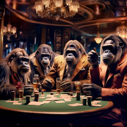 An orangutan, chimp, bonobo and gorilla, sharply dressed in stylish suits, engaging in a lively poker game, sipping on fine whisky and puffing on cigars, immersed in the glitzy atmosphere of 1950s Las Vegas.