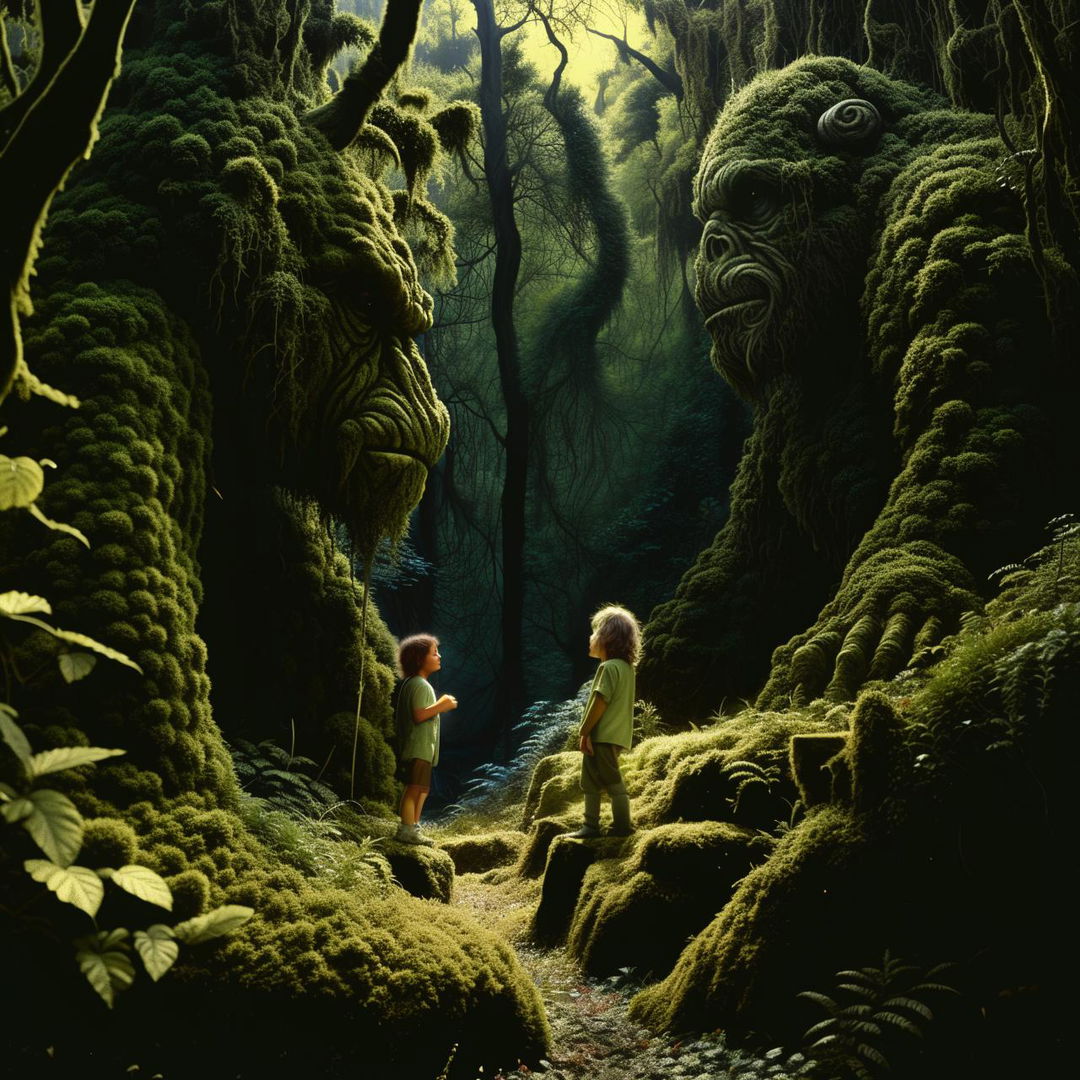 A visually captivating image of a curious child and a massive humanoid moss giant engrossed in encounter, set within the vivid verdancy of a dense forest.