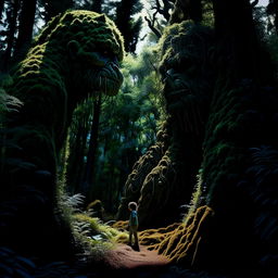 A visually captivating image of a curious child and a massive humanoid moss giant engrossed in encounter, set within the vivid verdancy of a dense forest.