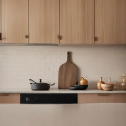 A cozy kitchen scene featuring soft tiled splash back balancing against rich timber cabinetry, and a small, delicate vase elegantly positioned. Capture the essence of architectural photography.