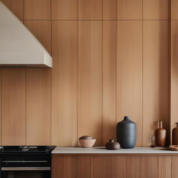 A cozy kitchen scene featuring soft tiled splash back balancing against rich timber cabinetry, and a small, delicate vase elegantly positioned. Capture the essence of architectural photography.