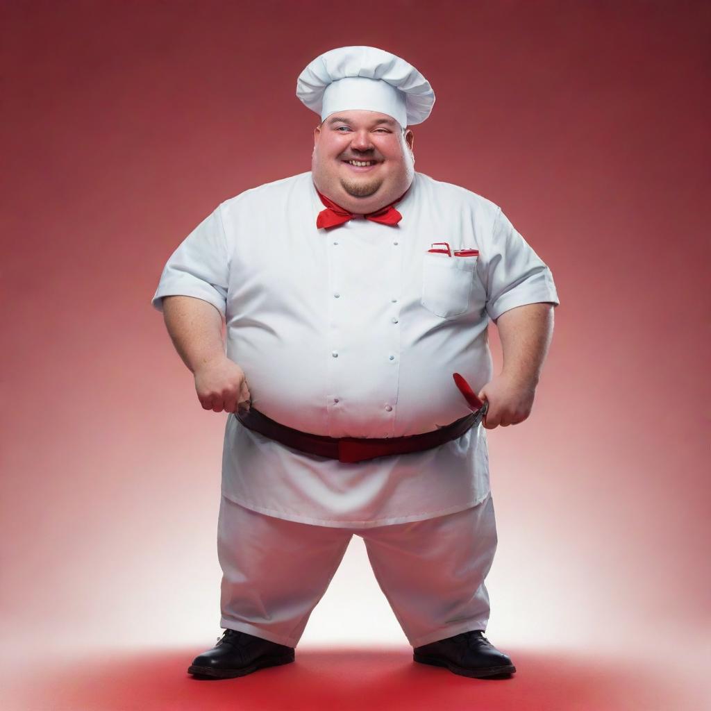 A cheerful chubby chef holding a sleek dagger in one hand and a mysterious red object in the other, his eyes gleaming with red light as he grins