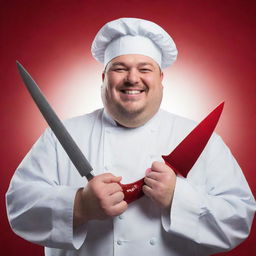 A cheerful chubby chef holding a sleek dagger in one hand and a mysterious red object in the other, his eyes gleaming with red light as he grins