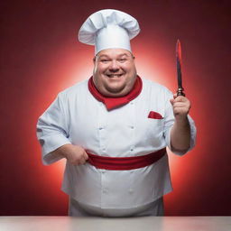 A cheerful chubby chef holding a sleek dagger in one hand and a mysterious red object in the other, his eyes gleaming with red light as he grins