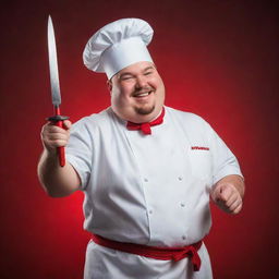 A cheerful chubby chef holding a sleek dagger in one hand and a mysterious red object in the other, his eyes gleaming with red light as he grins