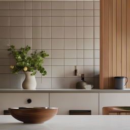 A cozy kitchen scene featuring soft tiled splash back balancing against rich timber cabinetry, and a small, delicate vase elegantly positioned. Capture the essence of architectural photography.