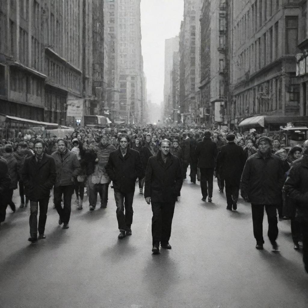 A busy city street bustling with people, with a solitary, angry man walking determinedly through the crowd