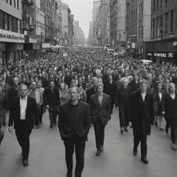 A busy city street bustling with people, with a solitary, angry man walking determinedly through the crowd