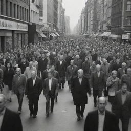 A busy city street bustling with people, with a solitary, angry man walking determinedly through the crowd