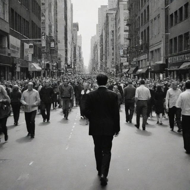 A busy city street bustling with people, with a solitary, angry man walking determinedly through the crowd