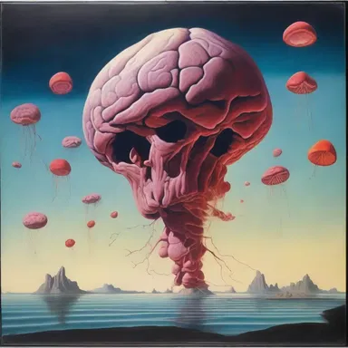 The artist's painting depicted a striking image of a tentorium encasing a surreal composition of floating occipital lobes and a vibrant cerebellum.