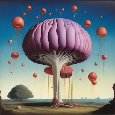 The artist's painting depicted a striking image of a tentorium encasing a surreal composition of floating occipital lobes and a vibrant cerebellum.
