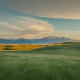 A breathtaking landscape in Montana, showcasing vibrant green grasslands, majestic mountains in the background, and a clear blue sky with sparse clouds