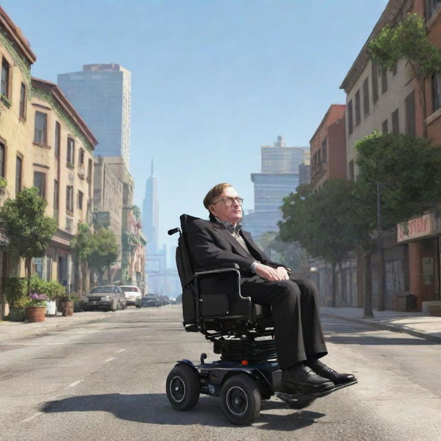 Famous physicist Stephen Hawking rendered in the art style of Grand Theft Auto 5, exploring the vibrant city landscapes.