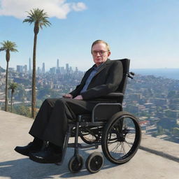 Famous physicist Stephen Hawking rendered in the art style of Grand Theft Auto 5, exploring the vibrant city landscapes.