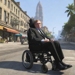 Famous physicist Stephen Hawking rendered in the art style of Grand Theft Auto 5, exploring the vibrant city landscapes.