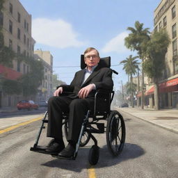 Famous physicist Stephen Hawking rendered in the art style of Grand Theft Auto 5, exploring the vibrant city landscapes.