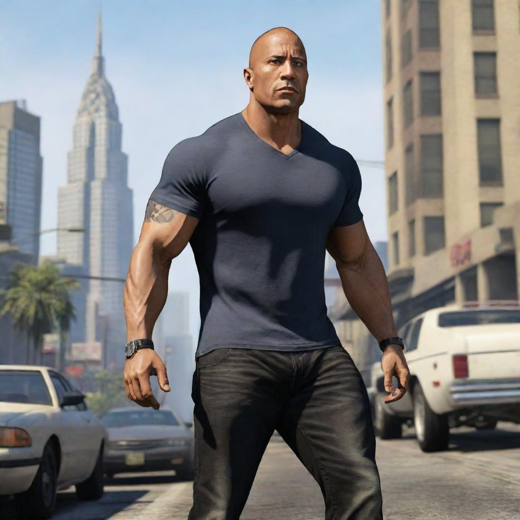 Action star Dwayne 'The Rock' Johnson, realized in the gritty, stylized aesthetic of Grand Theft Auto 5, navigating through the dynamic cityscape.