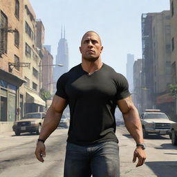 Action star Dwayne 'The Rock' Johnson, realized in the gritty, stylized aesthetic of Grand Theft Auto 5, navigating through the dynamic cityscape.