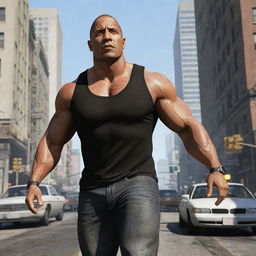 Action star Dwayne 'The Rock' Johnson, realized in the gritty, stylized aesthetic of Grand Theft Auto 5, navigating through the dynamic cityscape.