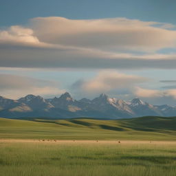 A breathtaking landscape in Montana, showcasing vibrant green grasslands, majestic mountains in the background, and a clear blue sky with sparse clouds