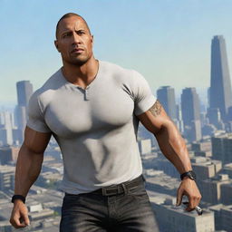 Action star Dwayne 'The Rock' Johnson, realized in the gritty, stylized aesthetic of Grand Theft Auto 5, navigating through the dynamic cityscape.