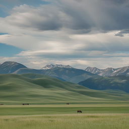 A breathtaking landscape in Montana, showcasing vibrant green grasslands, majestic mountains in the background, and a clear blue sky with sparse clouds