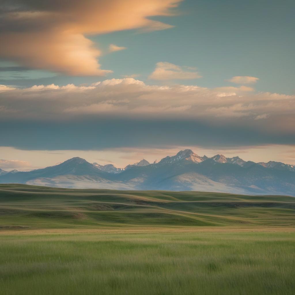 A breathtaking landscape in Montana, showcasing vibrant green grasslands, majestic mountains in the background, and a clear blue sky with sparse clouds